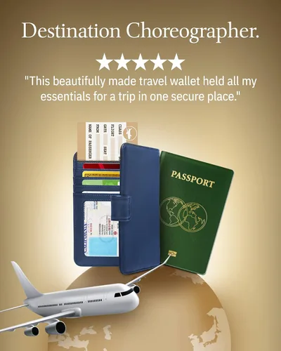 Vista 5 de Funda para pasaporte con bloqueo RFID, funda de cuero hecha a mano para pasaporte, organizador de documentos de viaje para hombres y mujeres, Azul