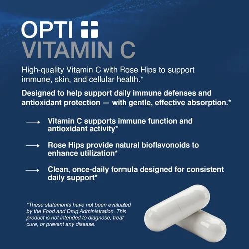 Vista 2 de Opti+ Cápsulas de vitamina C de 1000 mg, fórmula de liberación temporal tamponada con escaramujos y acerola para apoyo inmunológico y antioxidante*