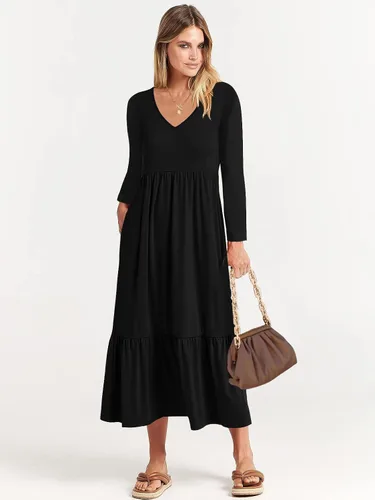 Vista 4 de Paintcolors Vestido largo casual de manga larga con cuello en V para mujer, vestido escalonado, color sólido, holgado, con vuelo, vestido midi