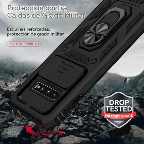 Vista 5 de Funda para Samsung Galaxy S10 con cubierta para lente de cámara, protector de pantalla HD, doble capa de grado militar, probada contra caídas Negro