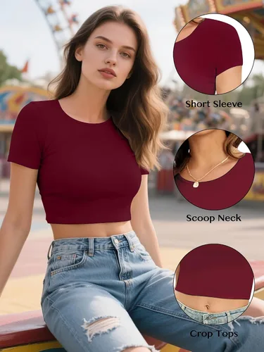Vista 4 de Paquete de 4 camisetas cortas básicas ajustadas de manga corta para mujer, lindas camisetas cortas de moda con cuello redondo para mujeres