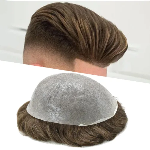 Vista 82 de 0.002 in ultra fina piel tupé Remy cabello humano piezas para hombres V-Looped sistema de pelo para hombre tupé pelo tupé para hombres protesis