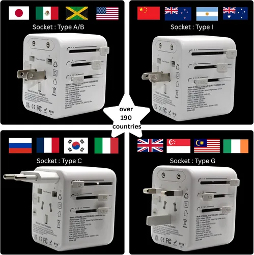 Vista 2 de Adaptador de viaje universal 5 en 1, adaptador de corriente internacional GaN de 20 W, 1 CA, 2 USB-C PD carga rápida y 2 USB-A QC, adaptador