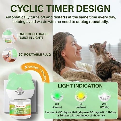 Vista 2 de puyrzoe Difusor calmante para gatos con función de temporizador, kit de difusor calmante de feromonas para gatos 3 en 1, alivio de la ansiedad de 60