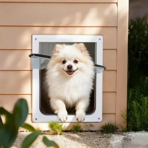 Vista 8 de PAWISE Puerta de perro de 2 vías, puerta para perro con cerradura con panel de metal seguro y solapa transparente flexible, resistente a