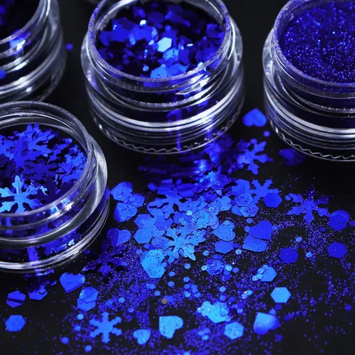 Vista 3 de Lentejuelas artísticas de uñas navideñas, copos de nieve azul holográficos, redondos, mariposa, corazón, copos de purpurina para decoración