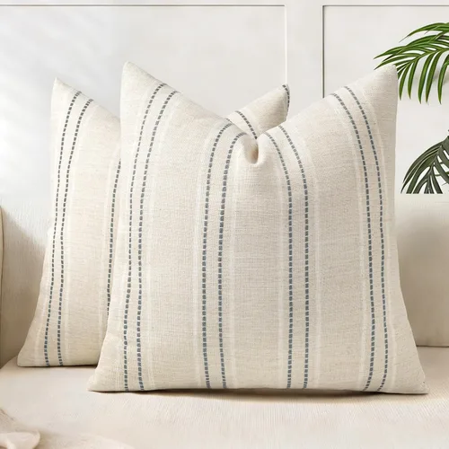 Vista 32 de AELS Fundas de Almohada Decorativas de Lino Estilo Granja de 16x16, Funda de Almohada con Textura Boho, Juego de 2, Beige con Rayas de Hilo Teñido