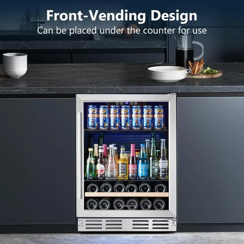 Vista 4 de Refrigerador de bebidas y vino de 24 pulgadas integrado o independiente, capacidad para 120 latas y 16 botellas, enfriador de vino