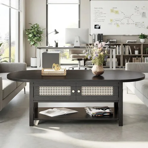 Vista 9 de LVB - Mesa de café de ratán, mesa de sala de estilo boho con almacenamiento, mesa de té de cóctel moderna ovalada de 2 niveles con puertas y estante
