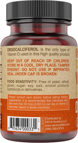 Vista 4 de DEVA Vitamina D2 vegana 60 mcg 2400 UI, suplemento de ergocalciferol sin ingredientes animales, 90 tabletas (paquete de 2)