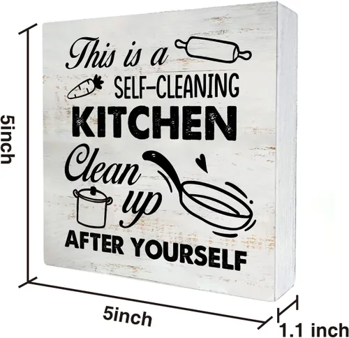 Vista 2 de Cartel rústico con texto en inglés «This is a Self-Cleaner» para caja de madera de cocina con texto en inglés «This is a Self-Cleaner»