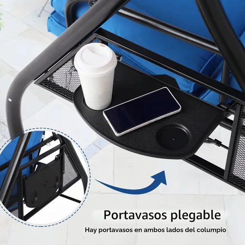 Vista 7 de Columpios de porche con toldo ajustable, cama de columpio para exteriores de 3 asientos, color azul