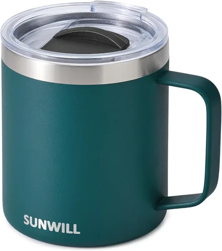 Vista 9 de SUNWILL - Taza de café de viaje con tapa, taza aislada con asa, taza de acero inoxidable de 14 oz para hielo, agua, té, color oro rosa