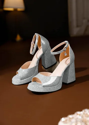 Vista 5 de Eldof Tacones gruesos de plataforma para mujer, sandalias de tacón abierto con correa al tobillo, tacones altos gruesos, zapatos de vestir