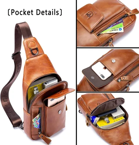 Vista 6 de BULLCAPTAIN Bolso cruzado de cuero para hombre, bolso bandolera de hombro, bolsas casuales para el pecho, para viajes, senderismo, mochilas