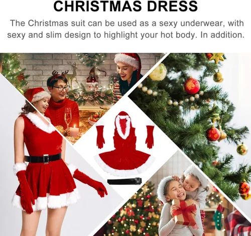 Vista 8 de KESYOO 3pcs rojo traje de Navidad mujeres traje de Papá Noel vestido de Navidad Cosplay Claus Santa traje con guantes cinturón para la etapa