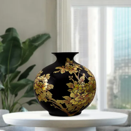 Vista 2 de ECYC Florero de cerámica de mesa hecho a mano brillante peonía pastel floreros de porcelana negra esmalte de cristal floreros decoración del hogar