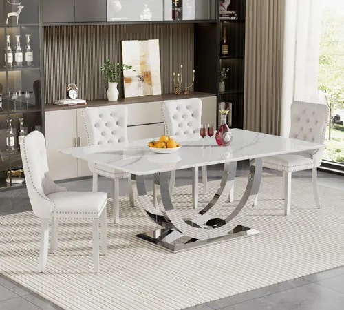 Vista 21 de HomVent Juego de mesa de comedor rectangular para 4, juego de mesa de cocina rectangular, juego de mesa de comedor de mármol sintético, juego
