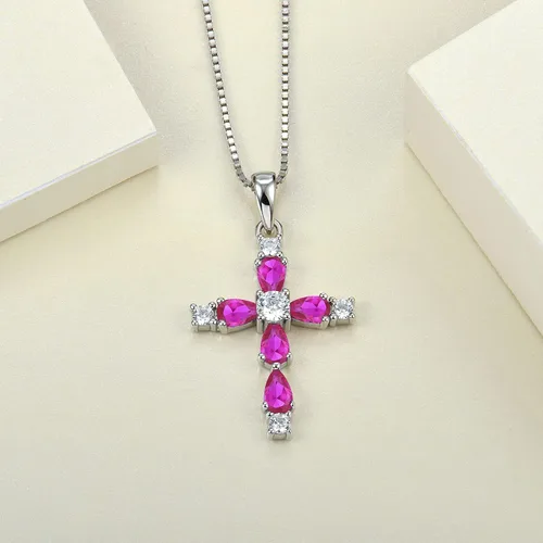 Vista 18 de YL Collar de cruz de plata de ley 925 con colgante de piedra natal religiosa para mujer
