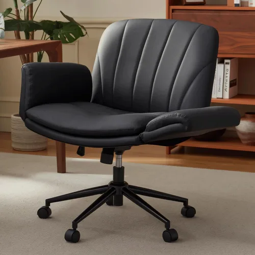 Vista 15 de Dowinx Silla Criss Cross con brazos y ruedas ajustables de cinco niveles - Cómoda silla giratoria ergonómica de cuero PU para tocador - Silla