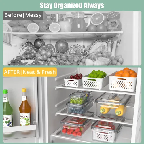 Vista 9 de 5 recipientes de almacenamiento de frutas para refrigerador con colador extraíble y tapa con asa, organizadores y almacenamiento de refrigerador