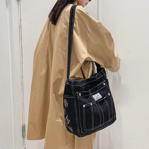 Vista 3 de Bolso de hombro de mezclilla para mujer, estilo casual, de lona, lindo bolso de viaje, bolso cruzado, bolso de gran capacidad