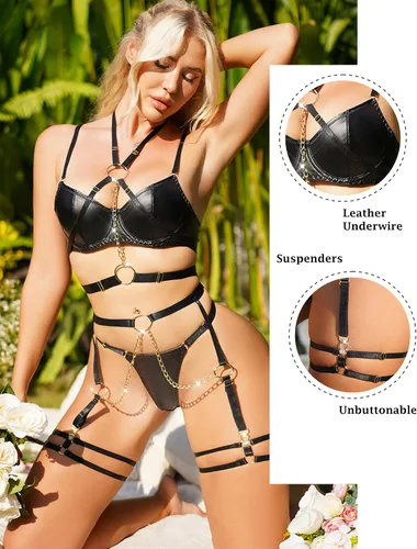 Vista 5 de ADSEXY Conjunto de lencería sexy de cuero con tiras de 5 piezas con aros y brasier push up, liguero, cadena, club nocturno, fiesta