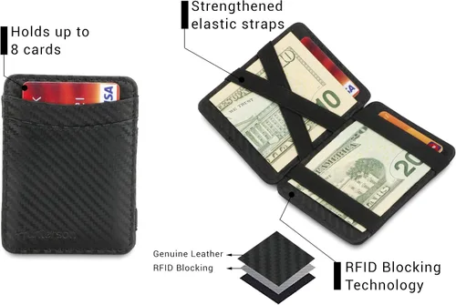 Vista 3 de Hunterson Cartera mágica minimalista para hombres con tarjetero RFID, cartera de cuero para 8 tarjetas, 05 Carbono, Cartera RFID