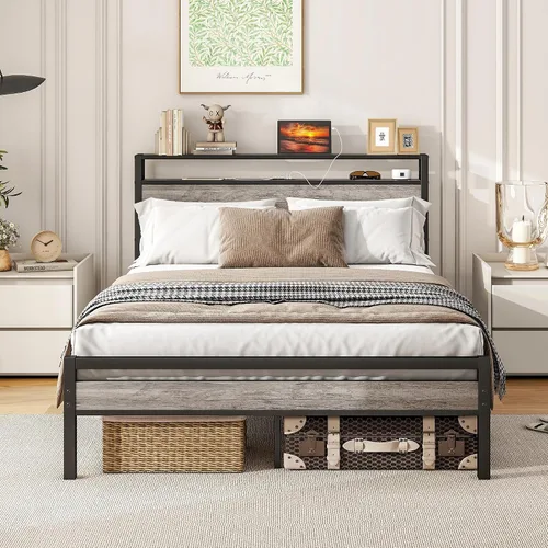 Vista 12 de BOFENG Base de cama Queen con cabecera de almacenamiento, marco de cama de plataforma de metal tamaño Queen con luces LED, estación de carga,