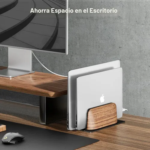 Vista 2 de UPERGO Soporte vertical para laptop, soporte vertical de madera de doble ranura para escritorio, base ajustable de ancho para MacBook Pro y otras