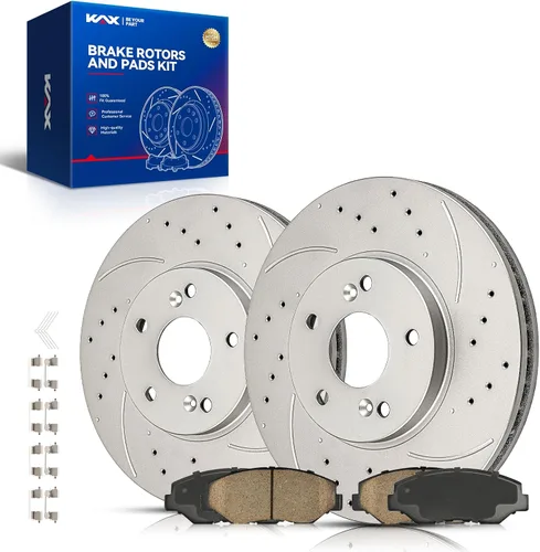 Vista 16 de Kit de freno delantero KAX, rotores de freno ranurados y con hendiduras, pastillas de freno cerámicas Compatible con Honda Accord 1990 1991 1992