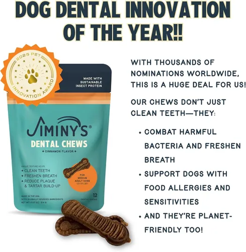 Vista 2 de Jiminy's Masticables dentales para perros, sabor a canela, científicamente probado para mejorar la salud bucal, los huesos dentales limpian