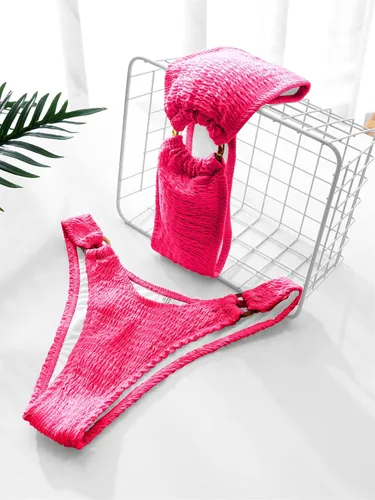 Vista 12 de WDIRARA Conjunto de bikini de 2 piezas sin tirantes para mujer