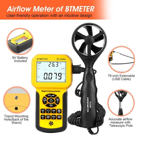 Vista 2 de BTMETER Kit de anemómetro y manómetro de doble puerto Pro CFM - 12 unidades Amarillo claro