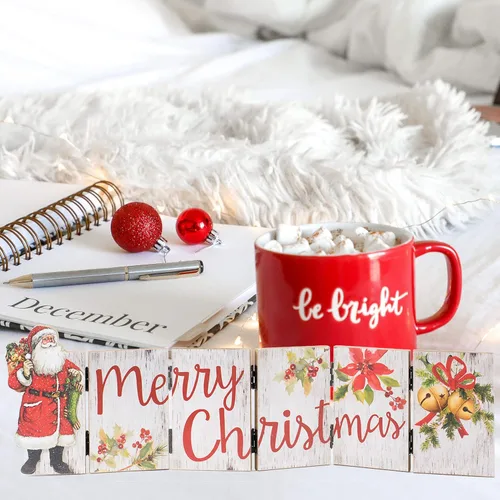 Vista 3 de Letrero de mesa de madera con texto en inglés "Merry Christmas", decoración de azulejos independientes con paneles plegables con bisagras de 5 x 19