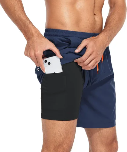 Vista 2 de Zando Traje de baño para hombre de secado rápido con forro de compresión, con bolsillo de 7 pulgadas de entrepierna