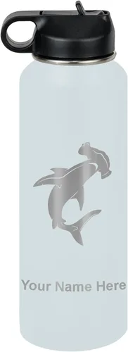Vista 15 de LaserGram Botella de agua personalizada, tiburón martillo, acero inoxidable de doble pared aislada al vacío con popote superior, regalo grabado