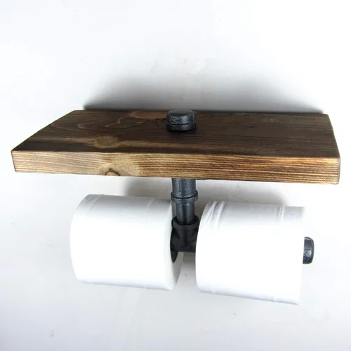 Vista 3 de Estante de almacenamiento de madera industrial urbano para montaje en pared, tubo de hierro, doble soporte de papel higiénico, rodillo