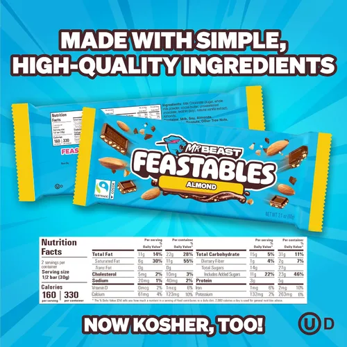 Vista 2 de Feastables Barra de chocolate con leche de almendras tamaño King, 2.1 oz (60 g), 10