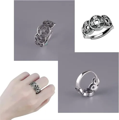 Vista 4 de Anillo de cobre Wufu con moneda de cinco emperadores, anillo de plata con índice retro de la suerte, anillo vintage ajustable para hombres