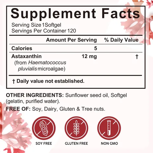 Vista 2 de Cápsulas blandas de astaxantina de 12 mg, 120 cápsulas Suministro para 4 meses Suplemento antioxidante premium para ojos, piel, articulaciones e