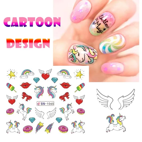 Vista 6 de Calcomanías de uñas de unicornio, calcomanías de transferencia de agua, calcomanías de uñas de corazón, unicornio, arcoíris, dona, diseño de uñas
