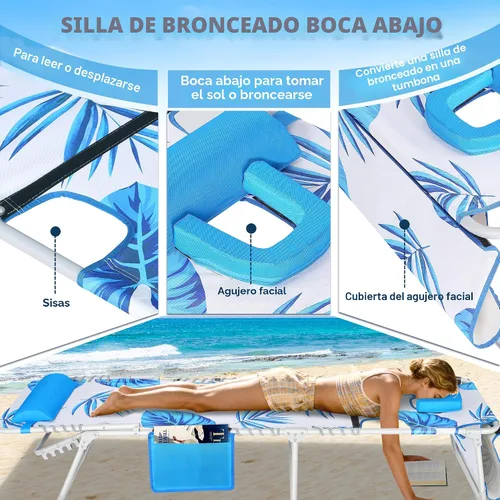Vista 4 de Luxfero Sillón de playa 3 en 1 con paraguas, silla de bronceado solar con orificio para la cara y reclinable de 5 posiciones, silla plegable