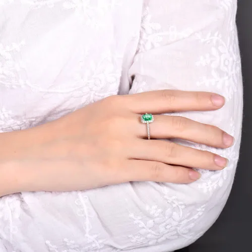 Vista 6 de Lanmi Anillo solitario de compromiso de oro blanco de 14 quilates, con esmeralda verde natural, diamantes para mujer, promoción, Oro blanco de 14