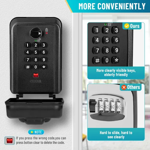 Vista 3 de Caja de bloqueo de llave con código, caja de seguridad montada en la pared para llaves con código reposable, caja de seguridad para exteriores