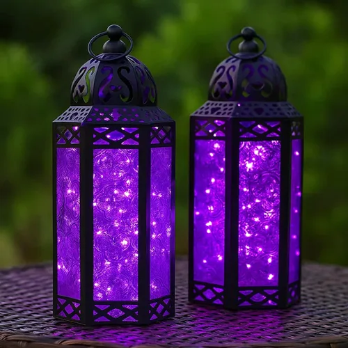 Vista 25 de VELA LANTERNS Juego de 2 portavelas decorativos de LED con luces de hadas de 12" de metal marroquí para colgar o mesa, decoración del hogar