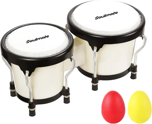 Vista 13 de Juego de Bongós Soulmate para Niños, Principiantes y Adultos de 4" y 5" - Bongós de Percusión Transparentes con Llave de Afinación, Acabado Natural