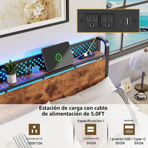 Vista 4 de Furnulem Base de cama tamaño individual con luces LED y estación de carga, base de cama con cabecera de almacenamiento de madera, cama de plataforma