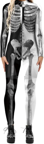 Vista 18 de Disfraz de esqueleto de calavera para mujer, overol de una pieza para Halloween 3D printed skull skeleton robot costume, Back zipper closure