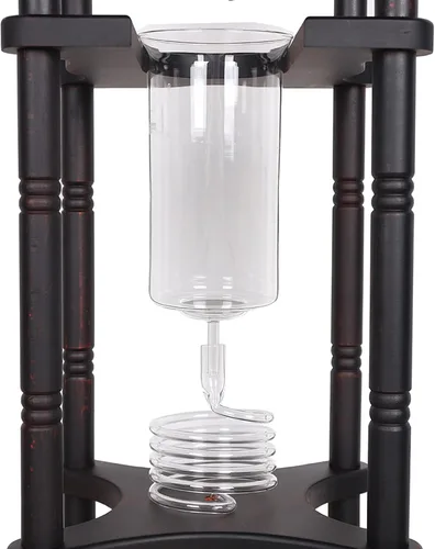 Vista 6 de Cafetera de goteo de hielo, 84.54 onzas, cafetera retro para el hogar, con recipiente de vidrio vertical japonés y soporte de madera, cafetera